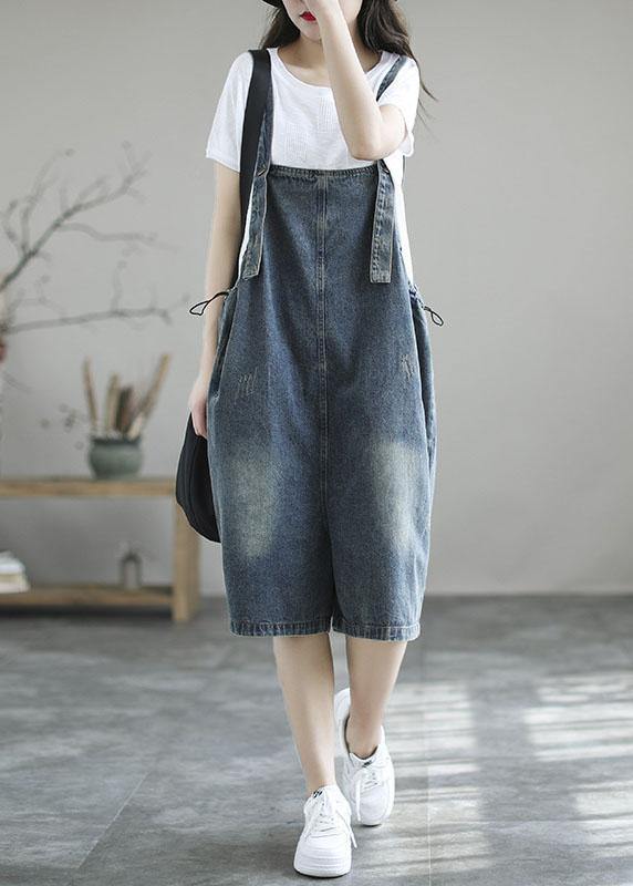 Dark Blue Retro Loose Wide Leg Summer Crop Denim Romper - SooLinen