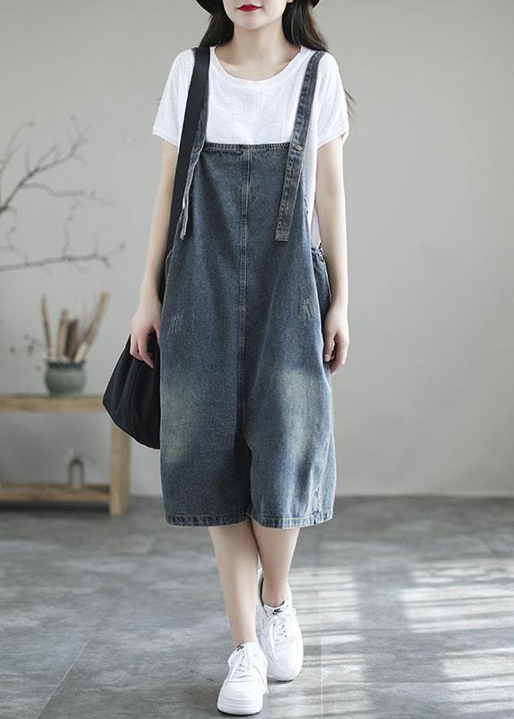 Dark Blue Retro Loose Wide Leg Summer Crop Denim Romper - SooLinen