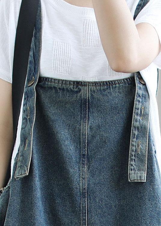 Dark Blue Retro Loose Wide Leg Summer Crop Denim Romper - SooLinen