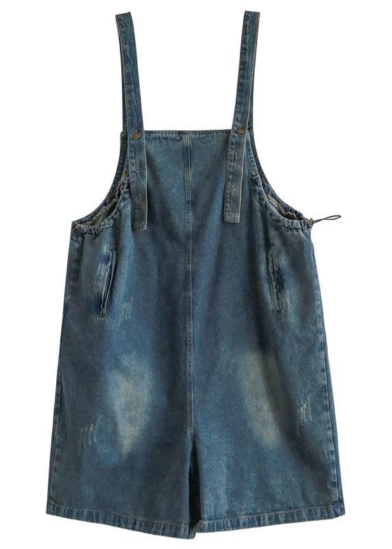 Dark Blue Retro Loose Wide Leg Summer Crop Denim Romper - SooLinen