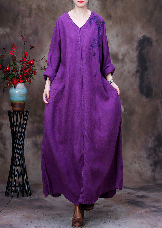 Dark Purple V Neck Embroideried Floral Linen Dress Long Sleeve