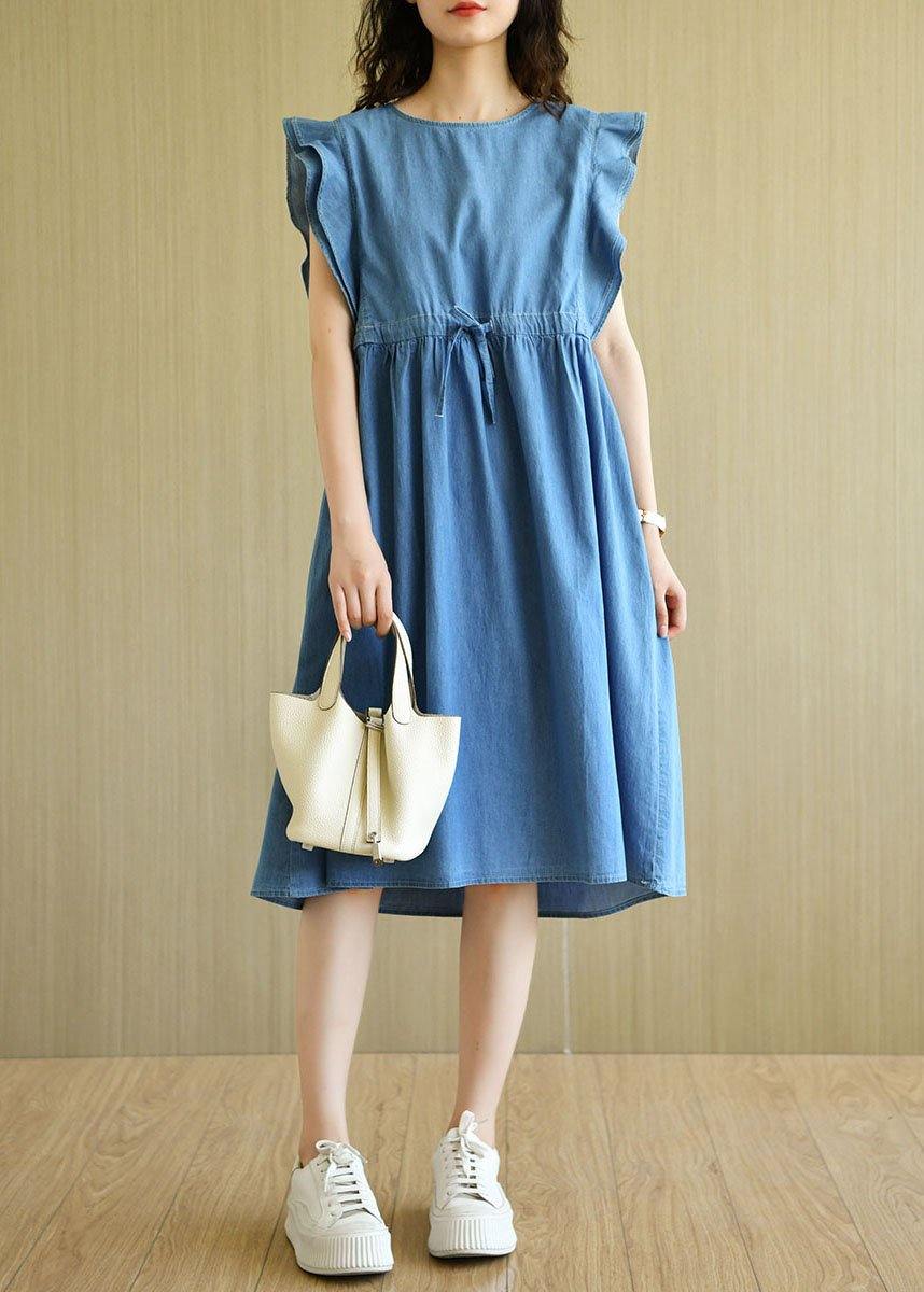 Denim Blue Loose Butterfly Sleeve Summer Cotton Dress - SooLinen