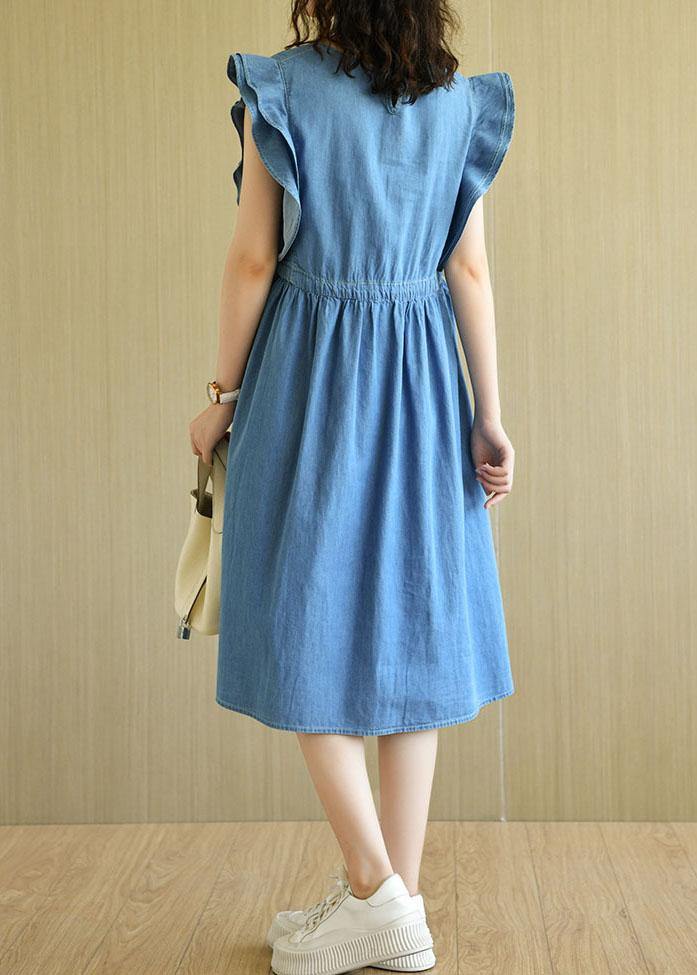 Denim Blue Loose Butterfly Sleeve Summer Cotton Dress - SooLinen