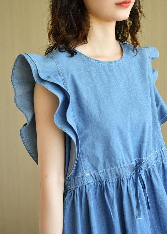 Denim Blue Loose Butterfly Sleeve Summer Cotton Dress - SooLinen