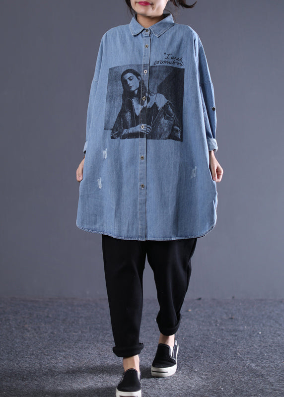 Chemise de femmes à manches longues en lâche bleu en denim