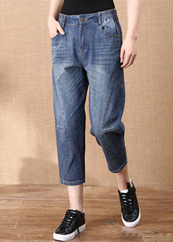 Denim Blue Patchwork Cotton Crop Pants Elastic Waist Pockets Summer