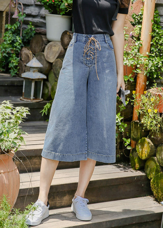 Denim Blue Poches Coton Pantalon de culture à jambe larges Haute taille croix TAILLE Été