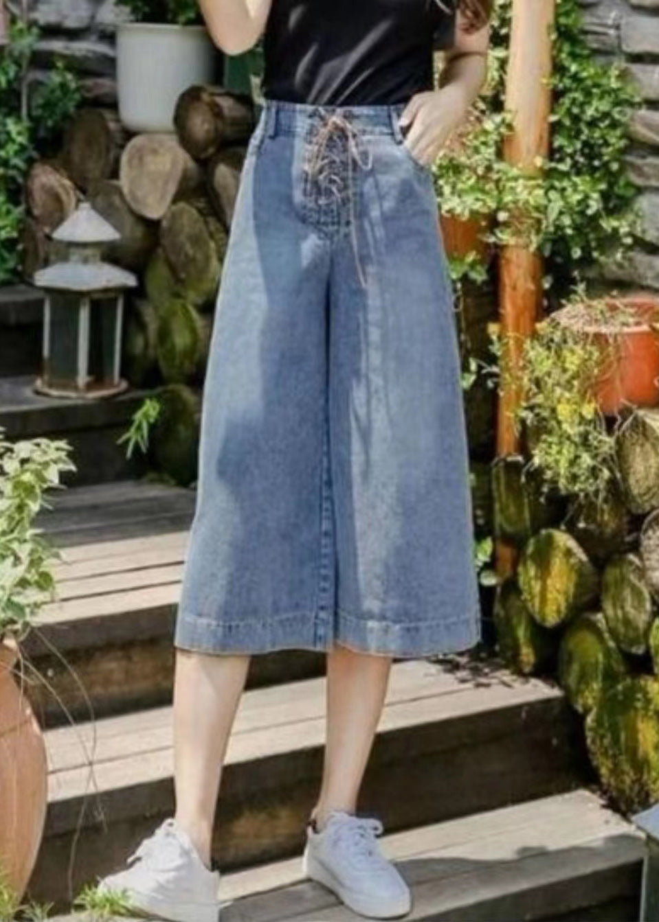 Denim Blue Poches Coton Pantalon de culture à jambe larges Haute taille croix TAILLE Été