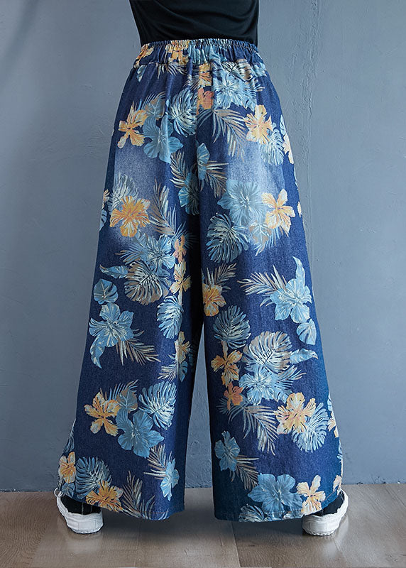 Denim Blue Print Cotton Pantalon de jambe large printemps élastique