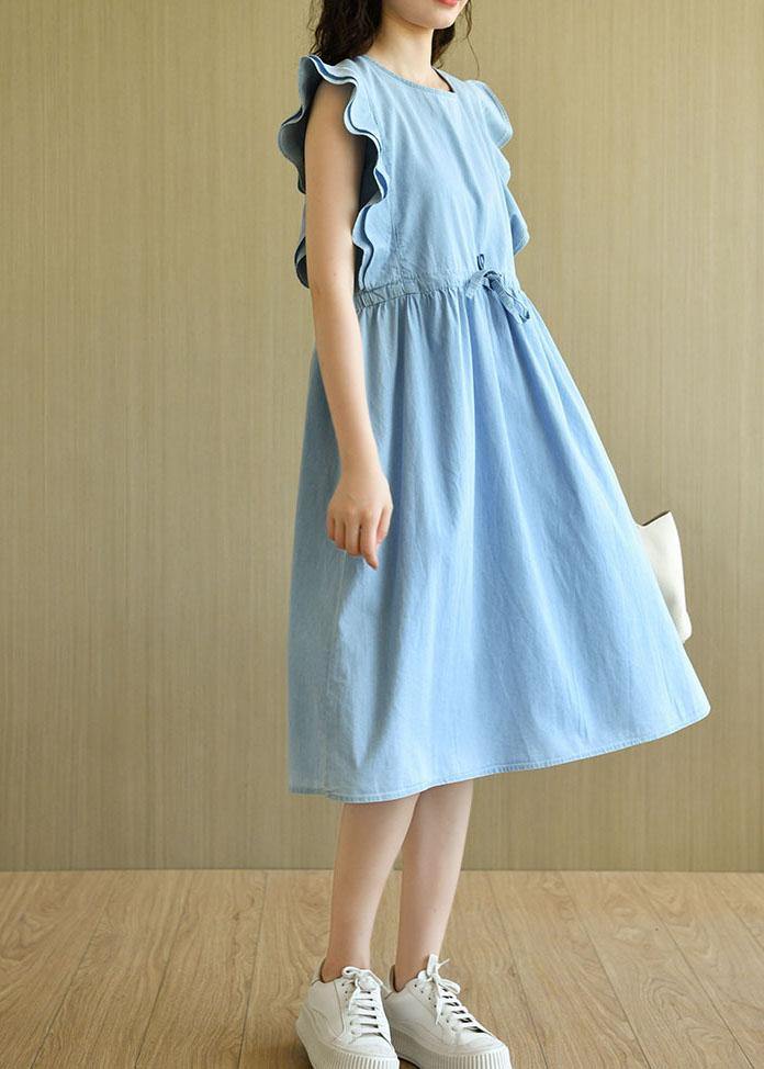 Denim Light Blue O-Necktie Waist Summer Cotton Dresses Sleeveless - SooLinen