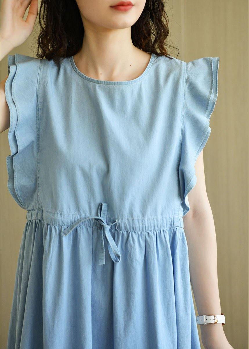 Denim Light Blue O-Necktie Waist Summer Cotton Dresses Sleeveless - SooLinen