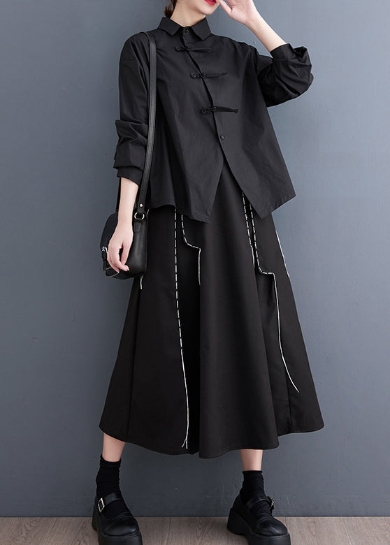 Diy Black Asymmetrical Design Chinese Button Cotton Shirts Spring