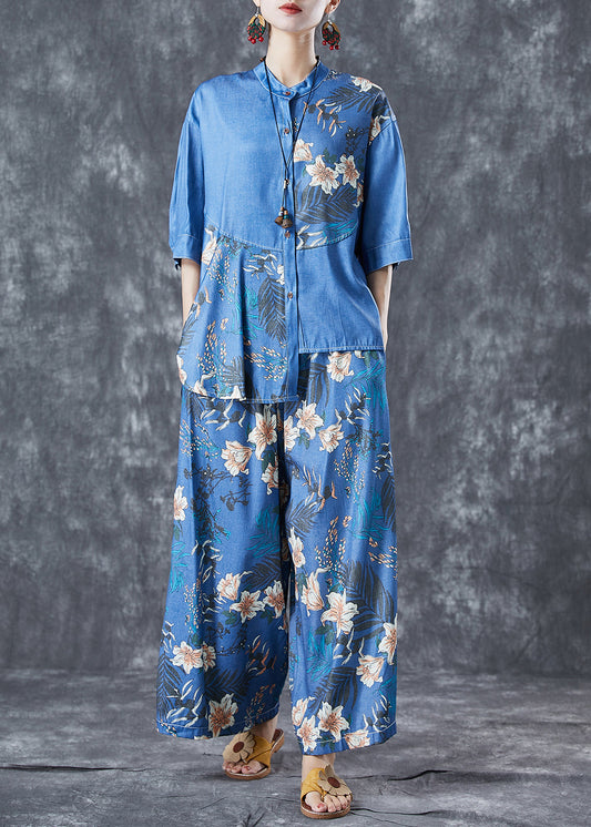 DIY BLUE ASYMETRICAL PRINT DENIM Two-Piece Set Summer