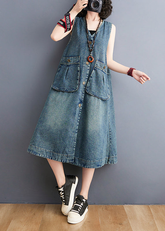 DIY Bleu en V Poches de cou de coton Denim une robe de ligne sans manches