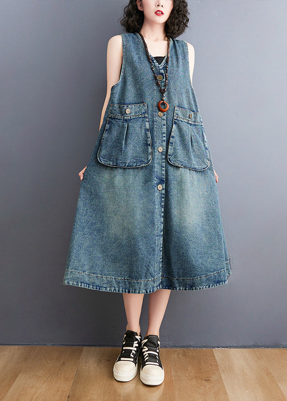 DIY Bleu en V Poches de cou de coton Denim une robe de ligne sans manches