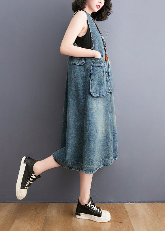 DIY Bleu en V Poches de cou de coton Denim une robe de ligne sans manches