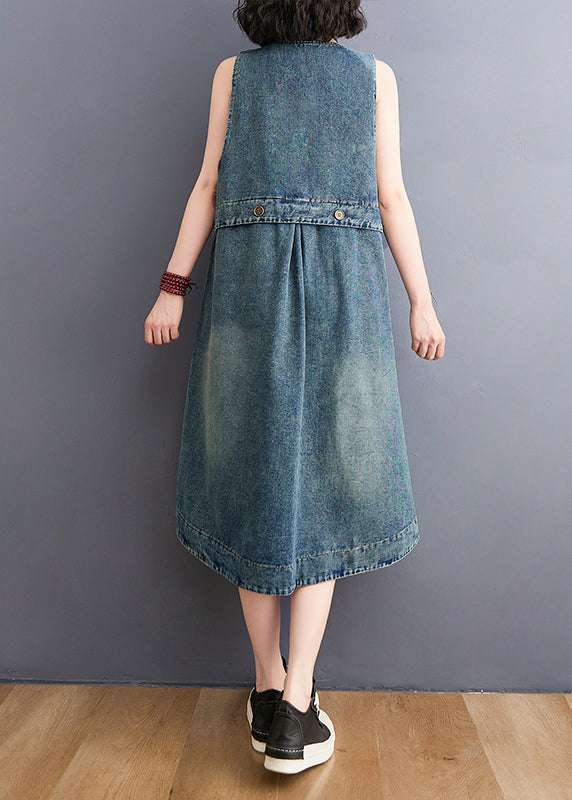 DIY Bleu en V Poches de cou de coton Denim une robe de ligne sans manches