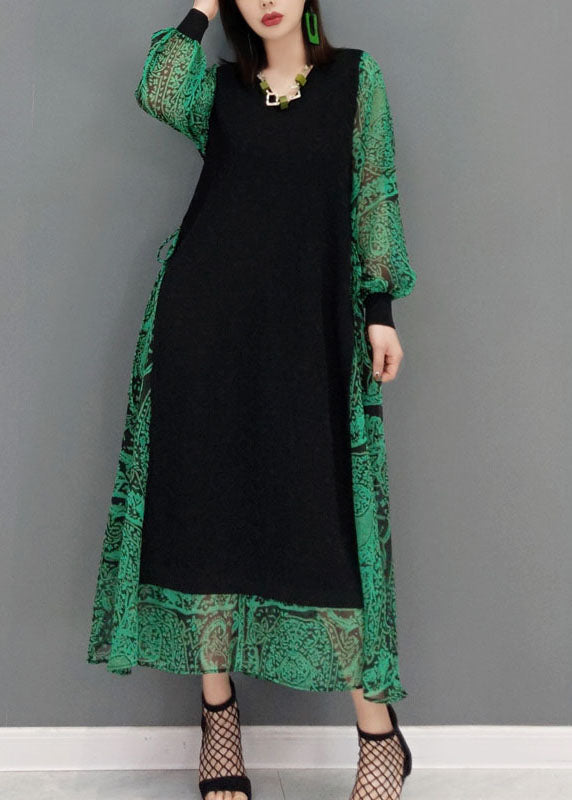 Diy Green O-Neck tie waist lace Patchwork Knit Dress Spring