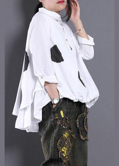 Diy White Dotted Blouses For Women Asymmetric Shirt - SooLinen