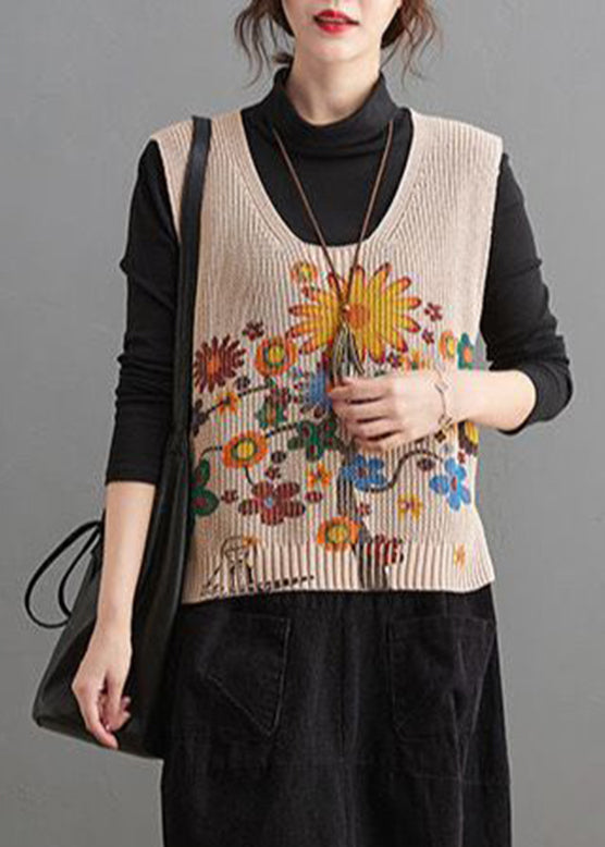 Elegant Apricot V Neck Print Low High Design Knit Waistcoat Fall