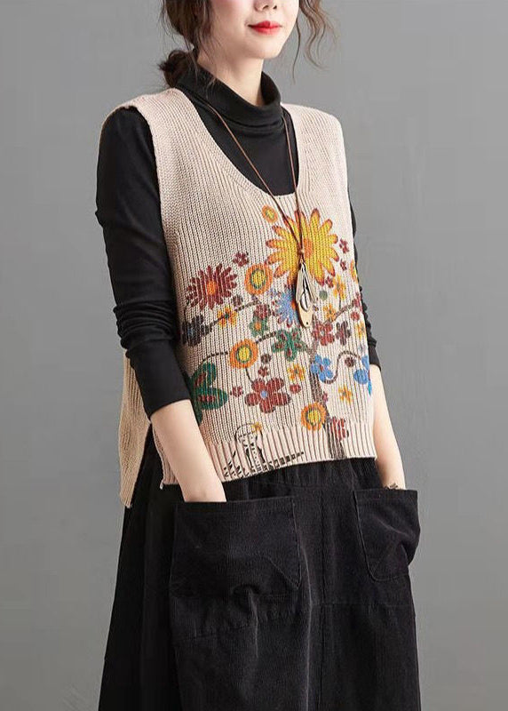 Elegant Apricot V Neck Print Low High Design Knit Waistcoat Fall