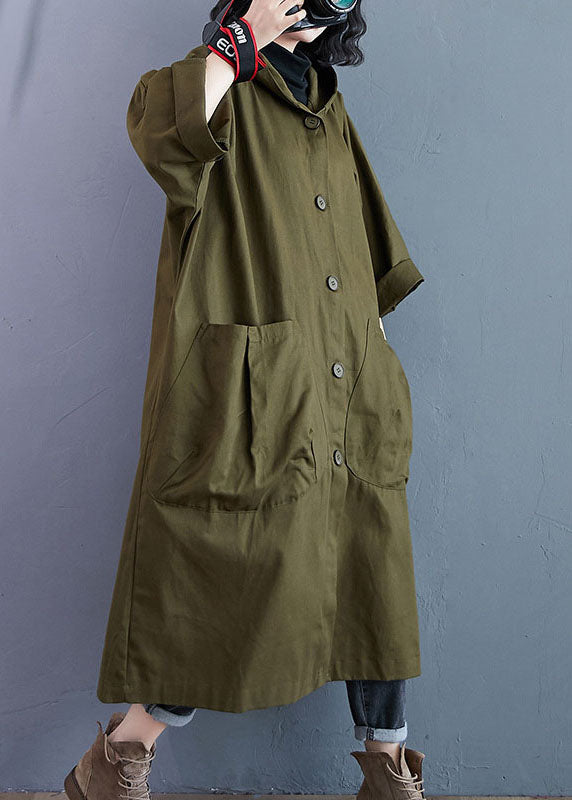 Elegant Army Green Pockets Button Fall Hooded Long sleeve Trench Coats