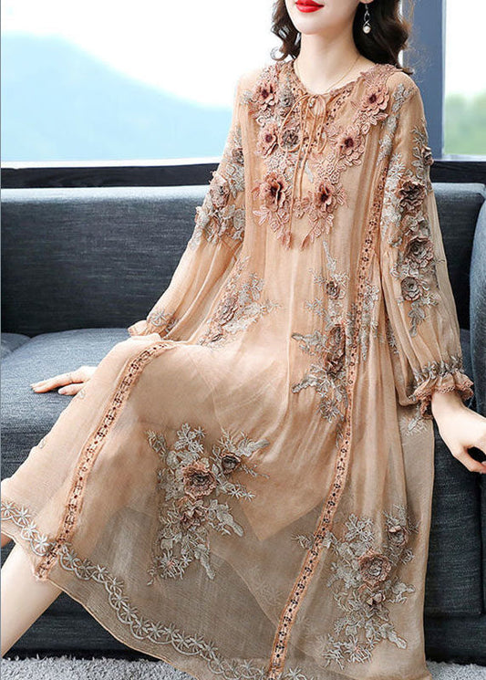 Elegant Beige Lace Up Jacquard Silk Robe Holid