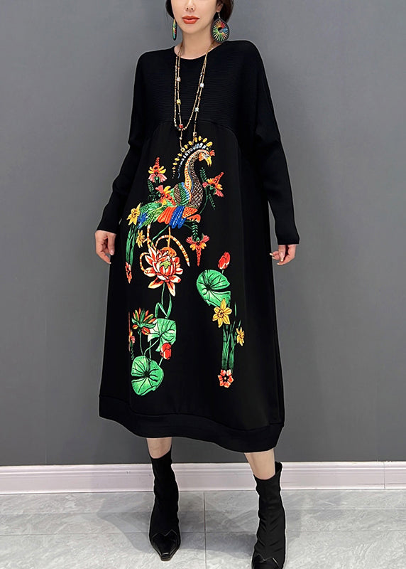 Élégant noir O-Neck Broideried Trimed Maxi Robe Fall