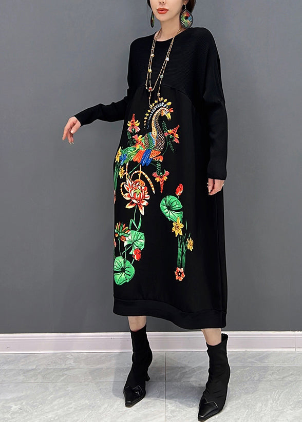 Élégant noir O-Neck Broideried Trimed Maxi Robe Fall