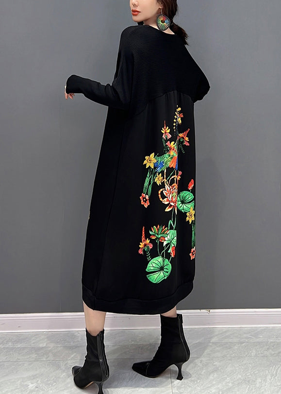 Élégant noir O-Neck Broideried Trimed Maxi Robe Fall