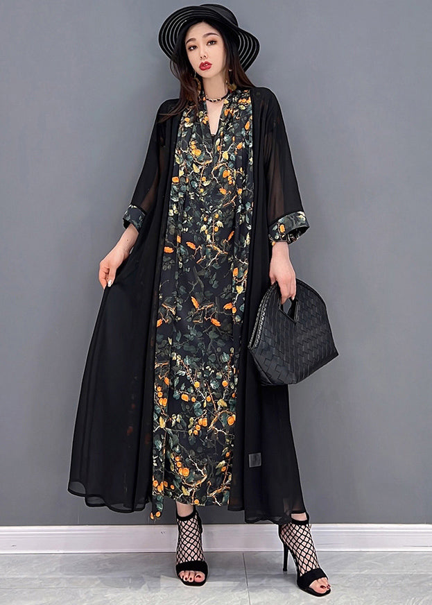 Élégant noir en V Neck Print Silk Long Robe et tulle Long Cardigan deux pièces Set Summer