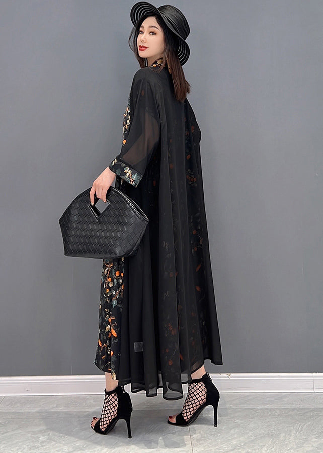 Élégant noir en V Neck Print Silk Long Robe et tulle Long Cardigan deux pièces Set Summer