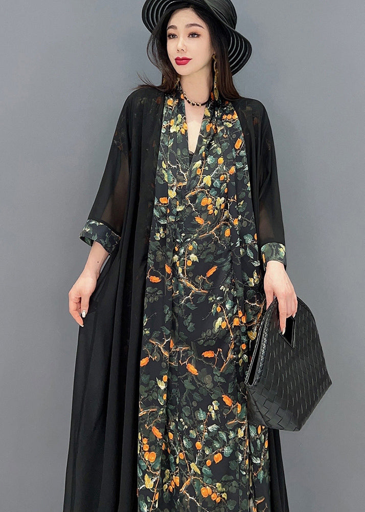 Élégant noir en V Neck Print Silk Long Robe et tulle Long Cardigan deux pièces Set Summer