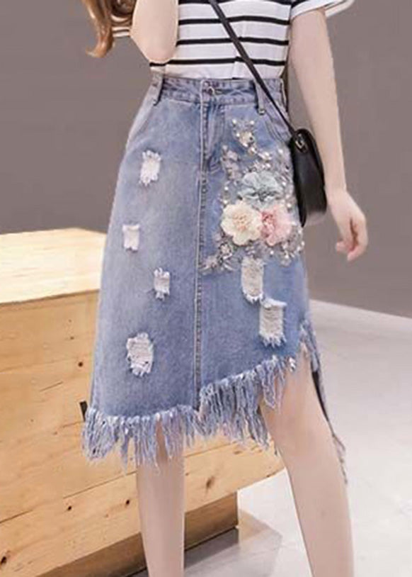 Élégant Blue asymétrique patchwork Patchwork Pattel Hole Denim jupes Summer