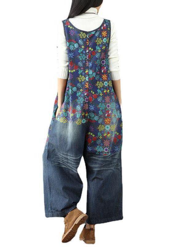 Elegant Blue Casual Print Wide Leg Fall Romper Denim - SooLinen