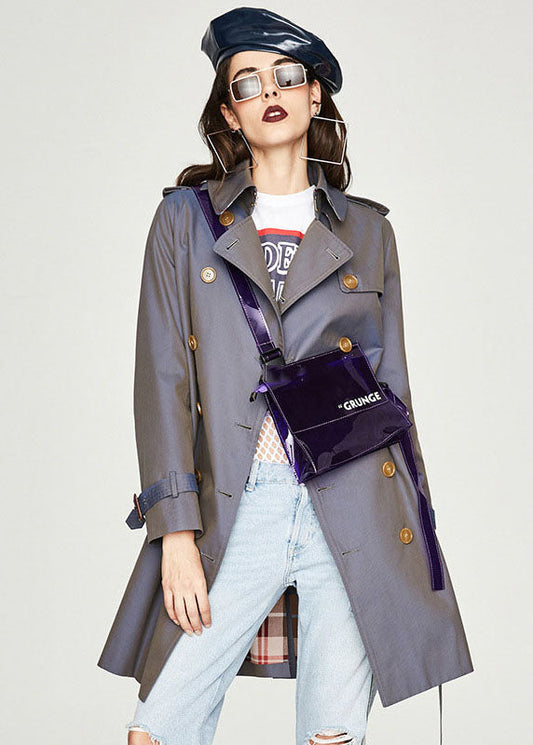 Élégant bleu gris gris peter collier coton massif double trench poitrine printemps