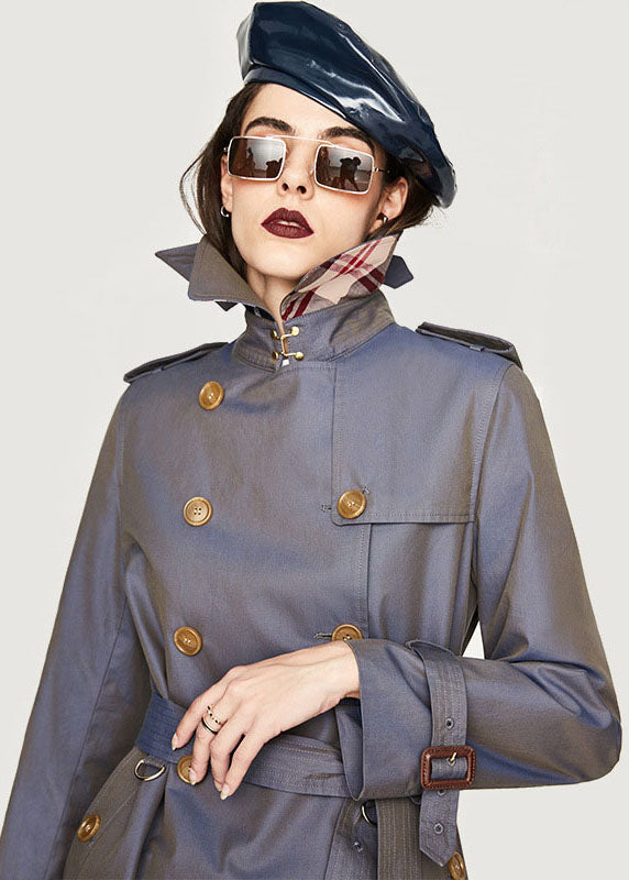 Élégant bleu gris gris peter collier coton massif double trench poitrine printemps