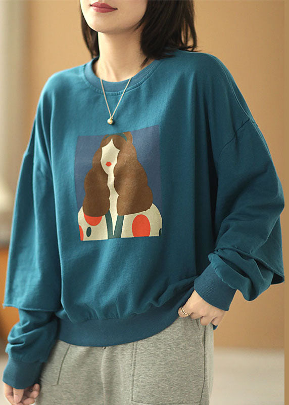 Elegant Blue Loose Owck Print Fall Sweatshirts Sweats Sweats