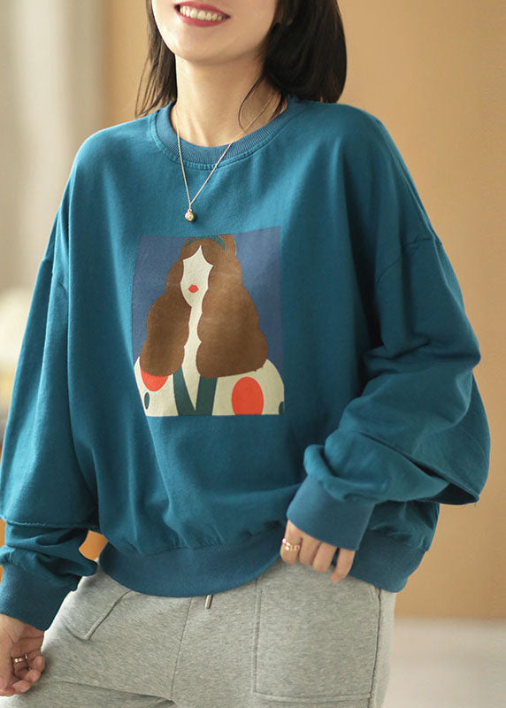 Elegant Blue Loose Owck Print Fall Sweatshirts Sweats Sweats