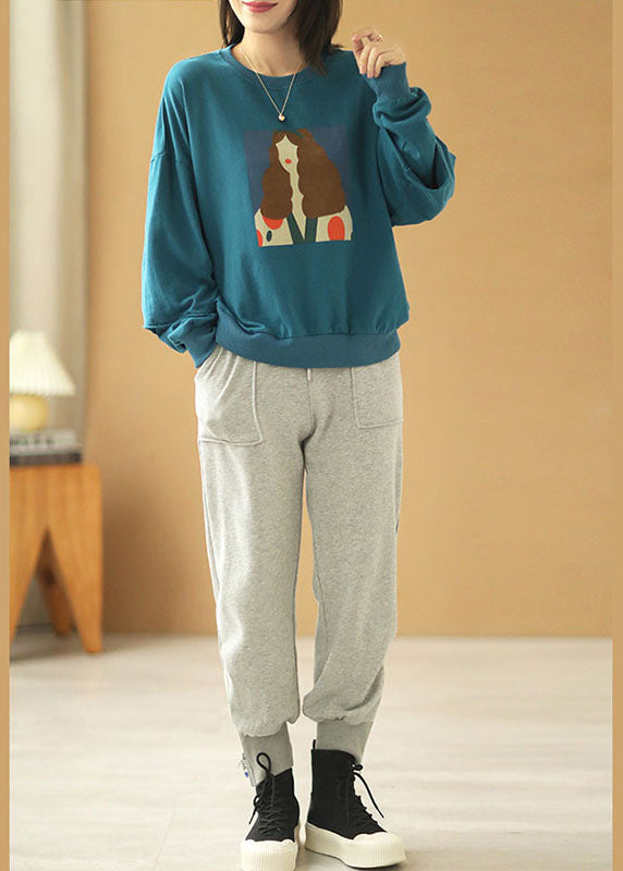 Elegant Blue Loose Owck Print Fall Sweatshirts Sweats Sweats