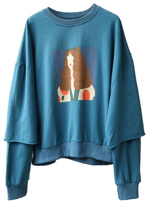 Elegant Blue Loose Owck Print Fall Sweatshirts Sweats Sweats