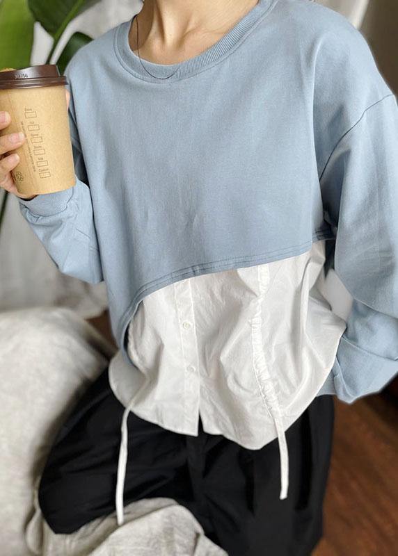 Elegant Blue O-Neck Patchwork Asymmetrical Design Fall Sweatshirts Top - SooLinen