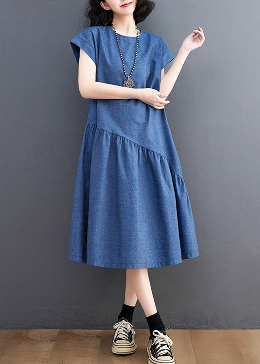 Élégant bleu O-Neck Patchwork Silk Denim Maxi Robe Summer