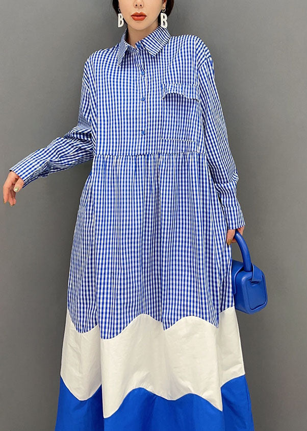 Élégant bleu Peter Pan Collar Patchwork Plaid Cotton Shirt Robes Spring