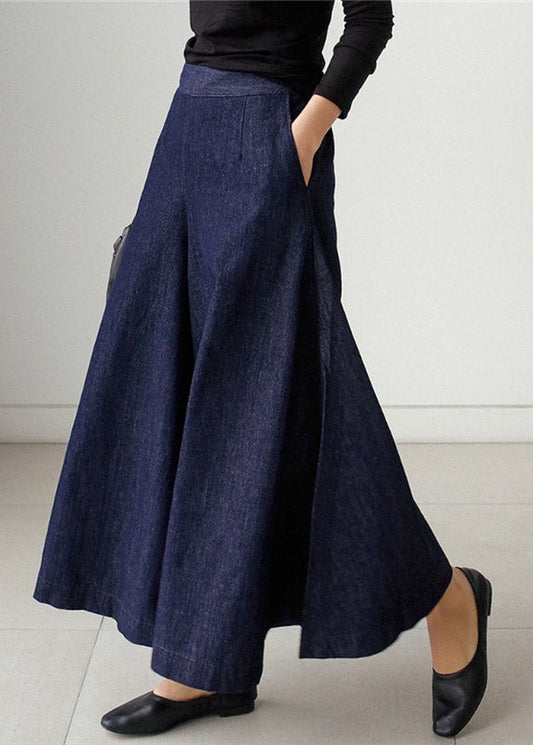 Elegant Blue Pockets Wide Leg Denim Pants Spring