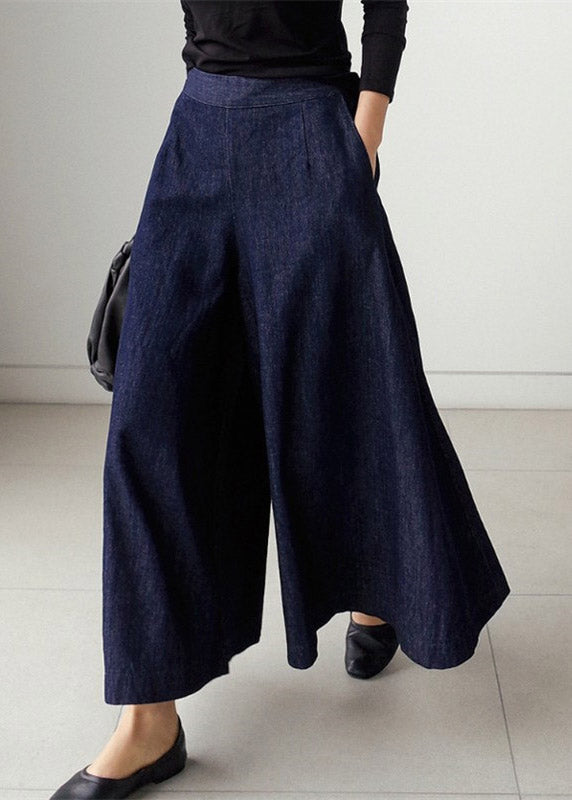 Elegant Blue Pockets Wide Leg Denim Pants Spring