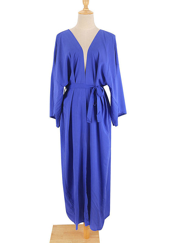 Elegant Blue Tie Taist Solid Maxi Holiday Cardigans Summer