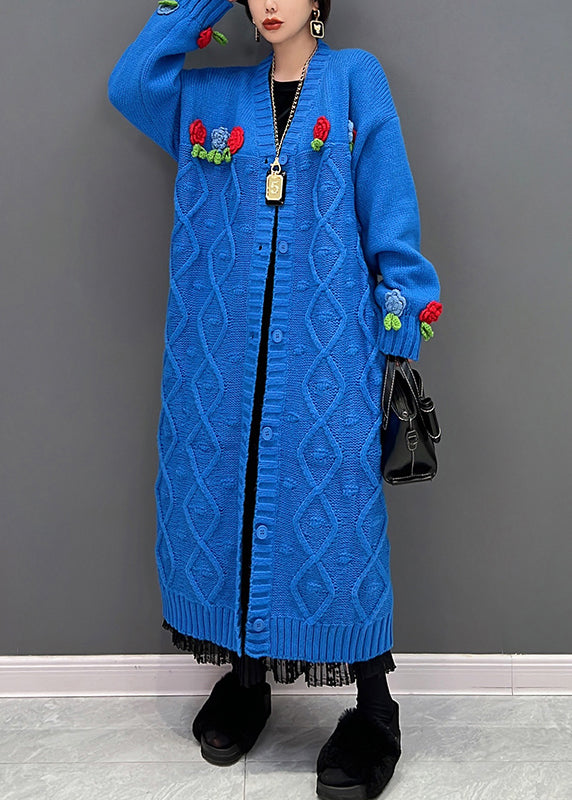 Elegant Blue V Neck Floral Button Treater Cardigan Fall