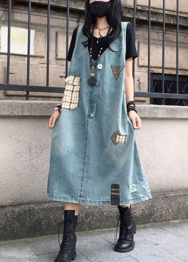 Élégant Blue V Neck Patchwork Denim Maxi Slip Robe sans manches