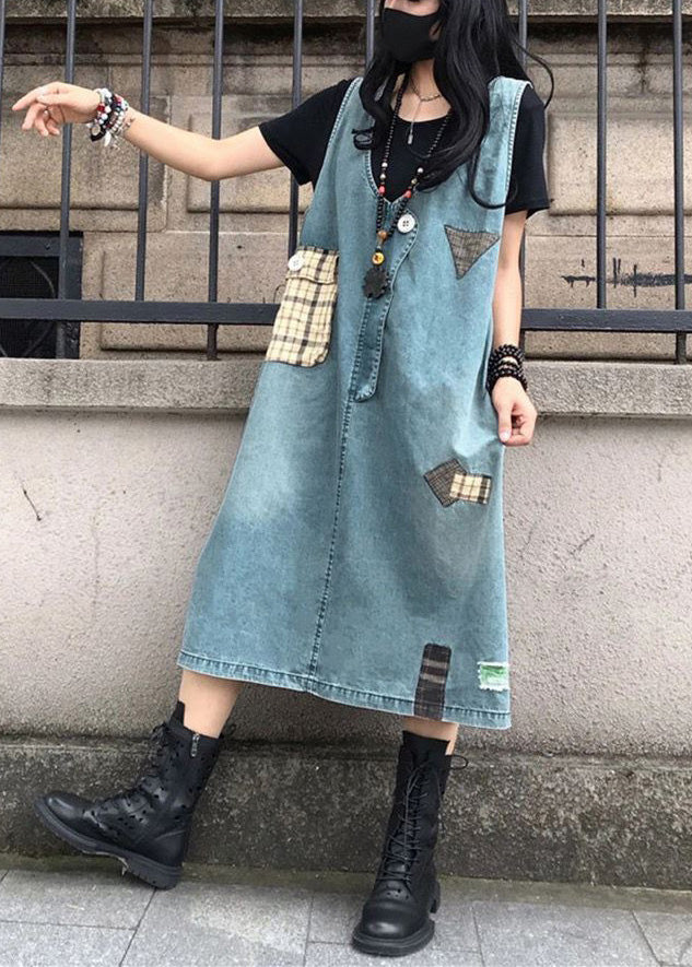 Élégant Blue V Neck Patchwork Denim Maxi Slip Robe sans manches